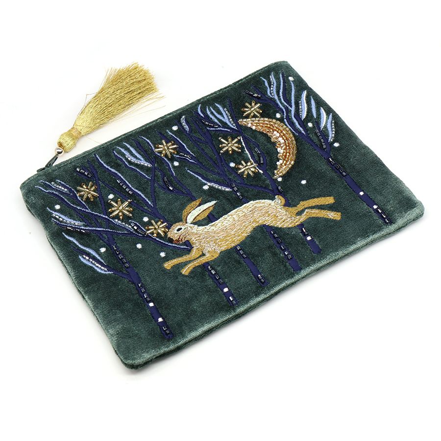 Midnight green leaping hare embroidered velvet zip purse