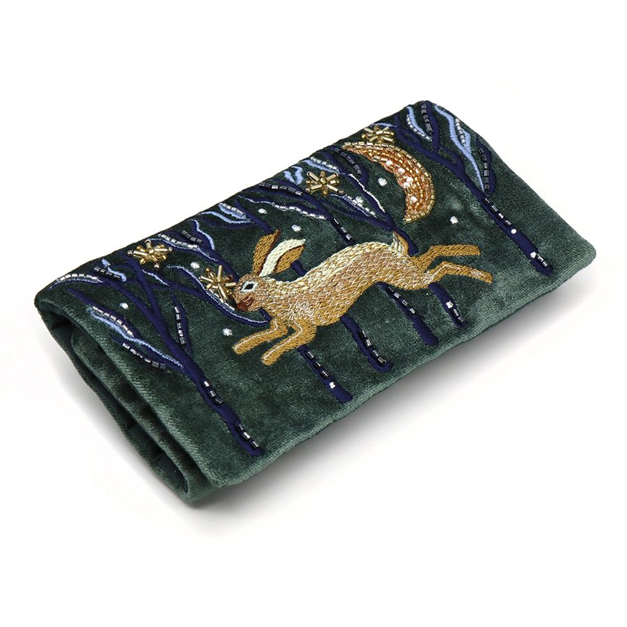 Midnight green leaping hare embroidered velvet jewellery roll