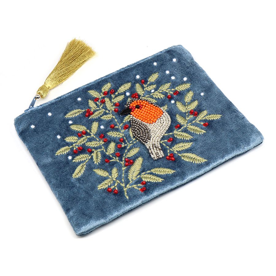 Blue velvet robin and embroidered holly zip purse