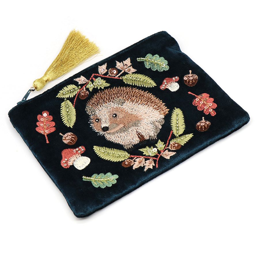 Dark teal velvet hedgehog embroidered zip purse