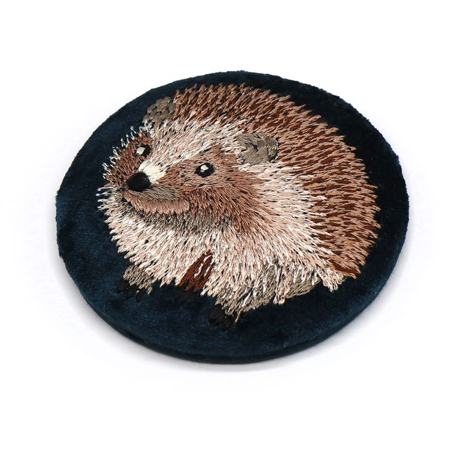 Dark teal velvet hedgehog embroidered compact mirror