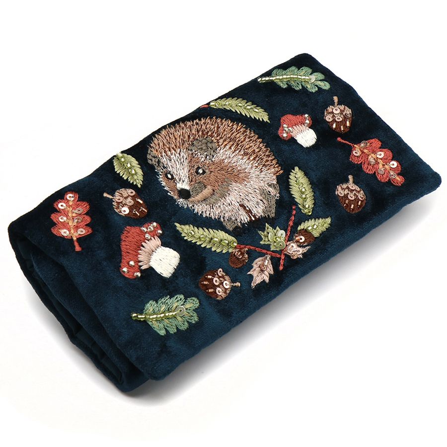 Dark teal velvet hedgehog embroidered jewellery roll