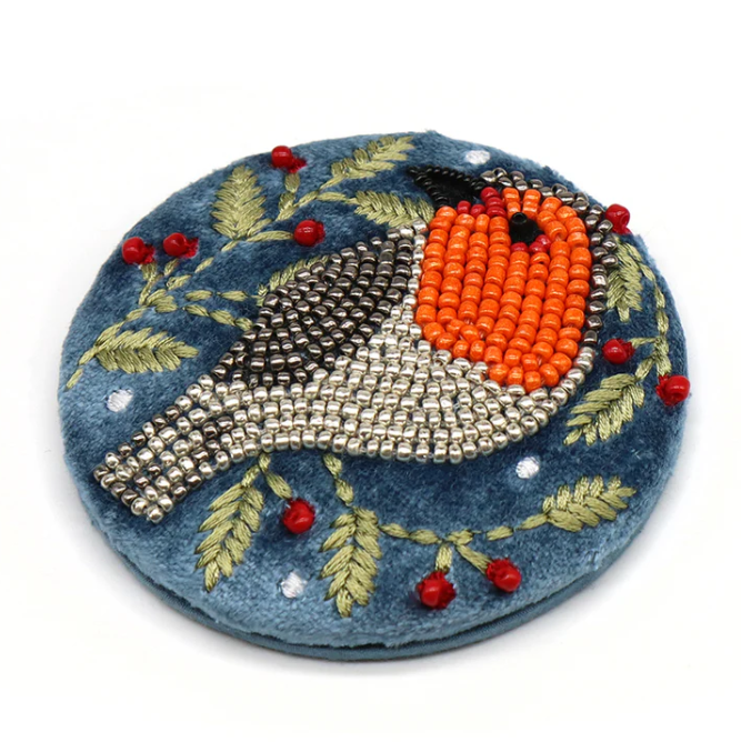Dusky Blue Velvet Robin & Holly embroidered compact mirror