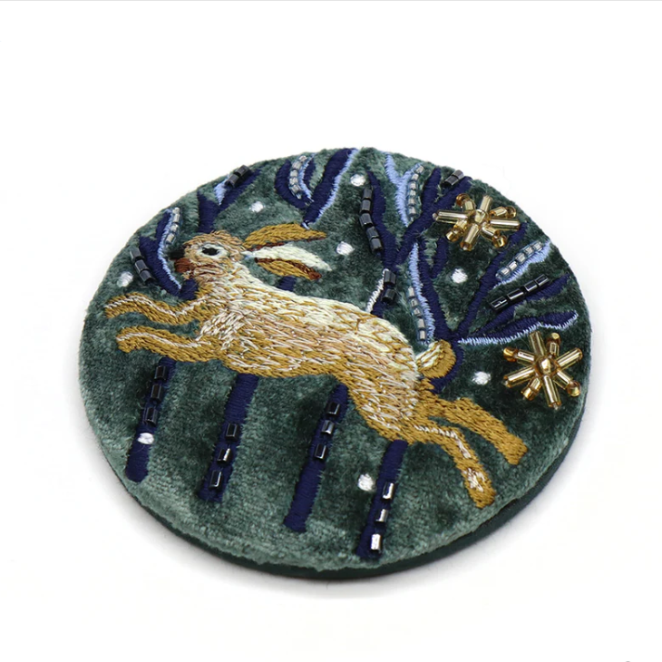 Midnight Green Leaping Hare Velvet embroidered compact mirror