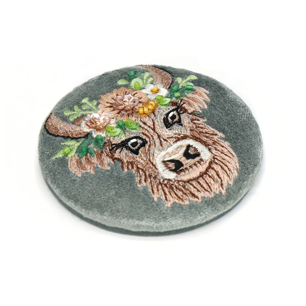 Seafoam Velvet Embroidered Highland Cow Compact Mirror