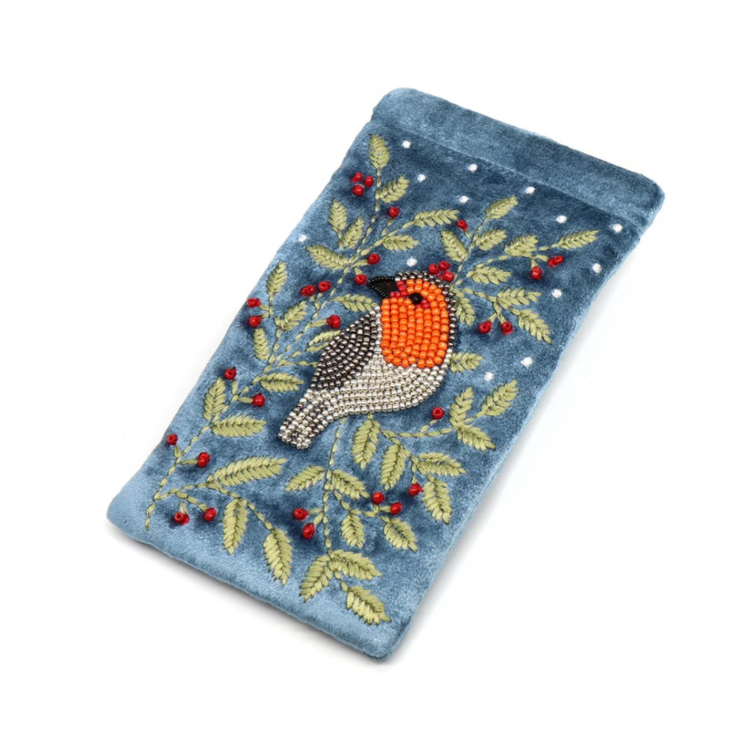 Dusky Blue Velvet Glasses Case with Robin and Holly