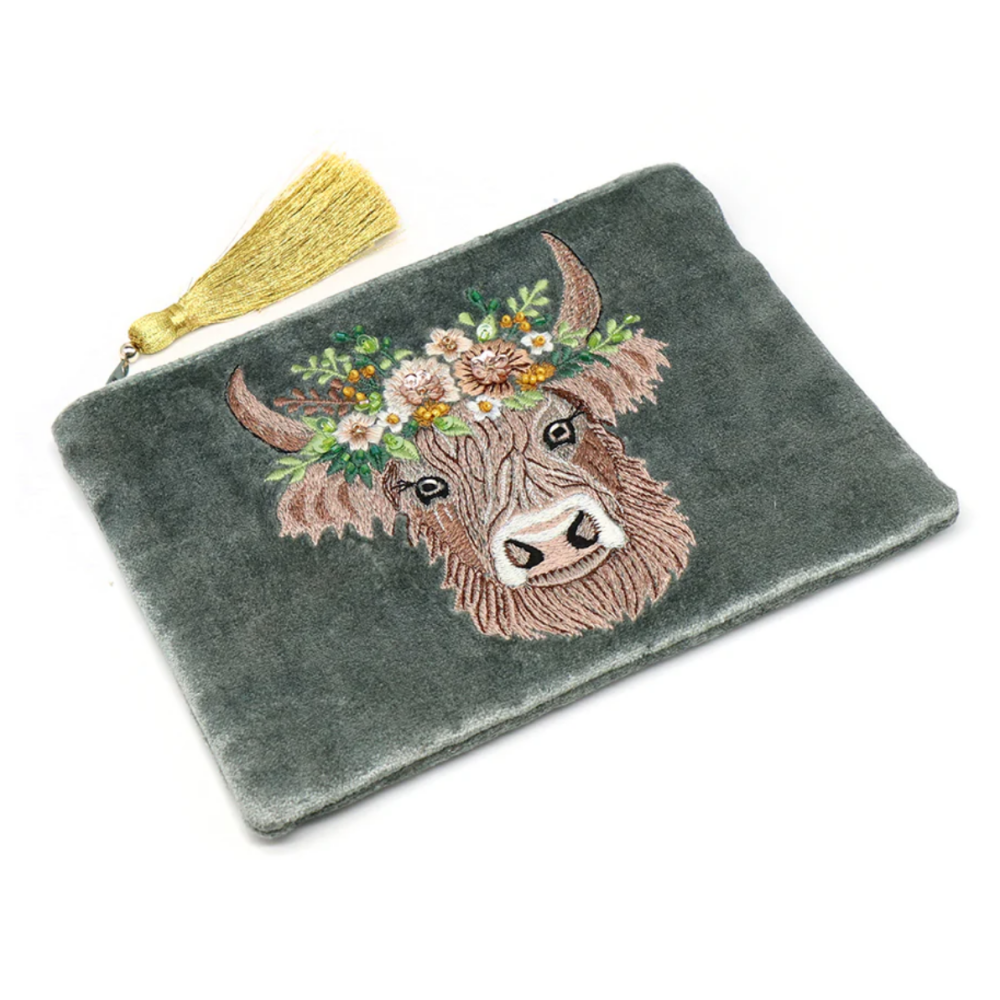 Seafoam Velvet Embroidered Zip Purse Highland Cow
