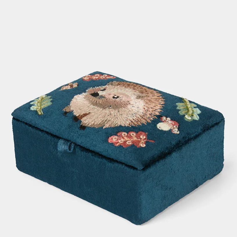 Dark Teal Velvet Hedgehog Jewellery Box