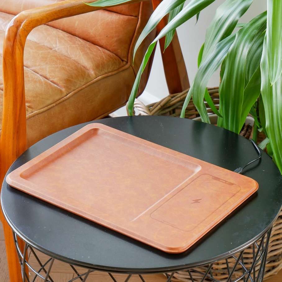 Pu Leather Wireless Charging Vanity Tray- Brown