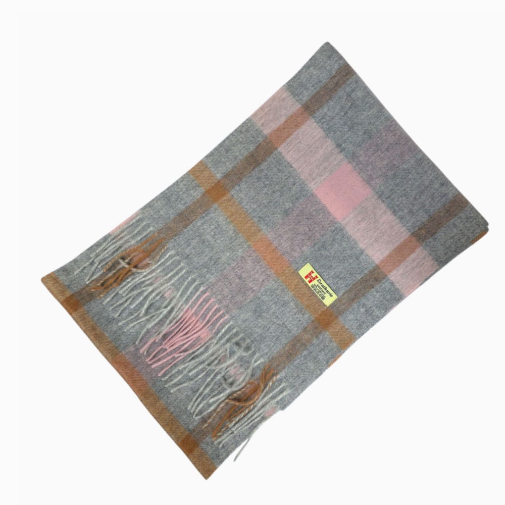 Strathurie Lambswool Plaid Tartan Check Scarf- Grey/ Pink/ Tan