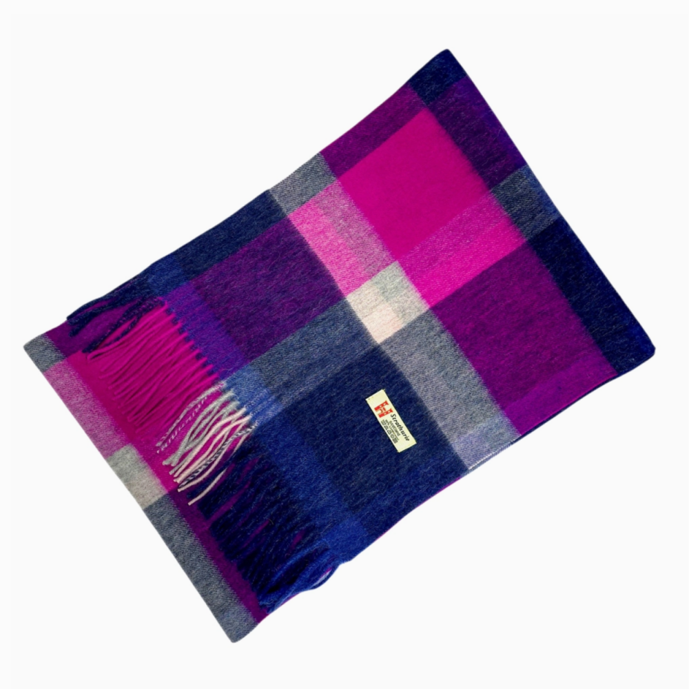 Strathurie Lambswool Plaid Tartan Check Scarf- Blue/ Pink
