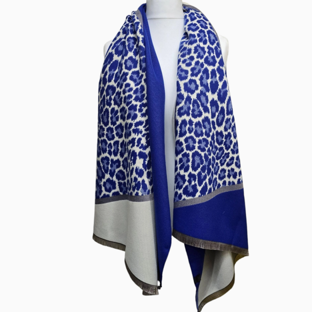Leopard Print Ladies Scarf Royal Blue and Cream