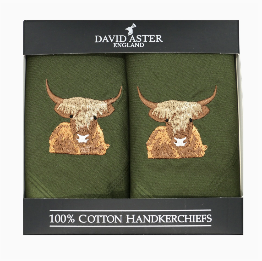 Highland Cow Embroidered Green Cotton Handkerchiefs