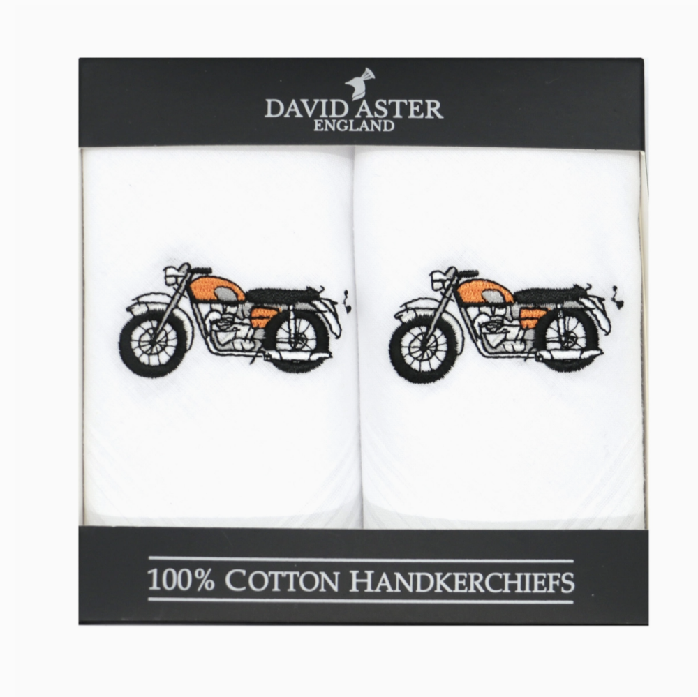 Motorbike Embroidered White Cotton Handkerchiefs