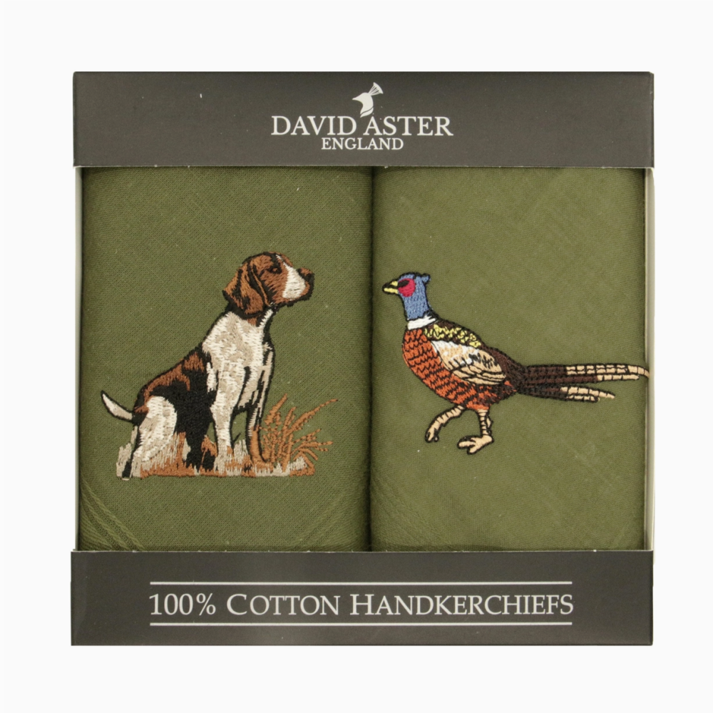 Pheasant & Hound Embroidered Green Handkerchiefs