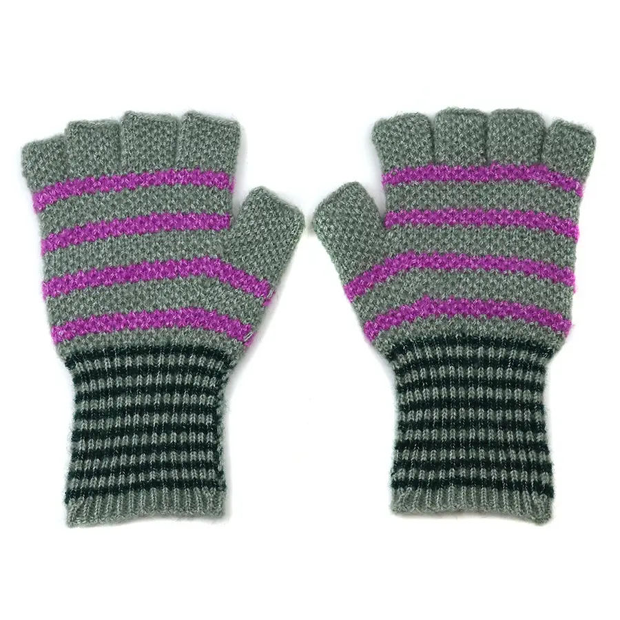 Sage and purple striped recycled blend fingerless gloves