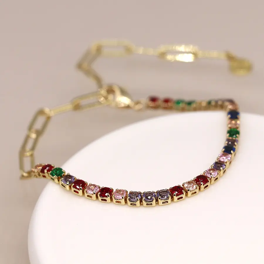 Golden link chain bracelet with multicoloured crystals