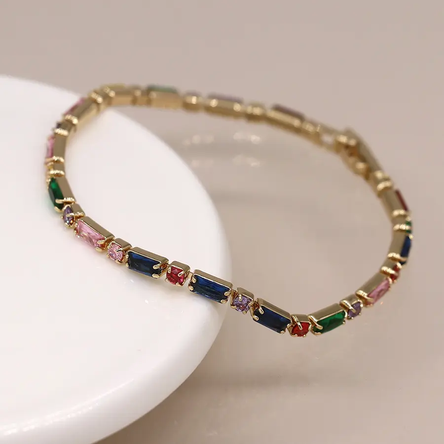 Golden link chain bracelet with multicoloured crystals