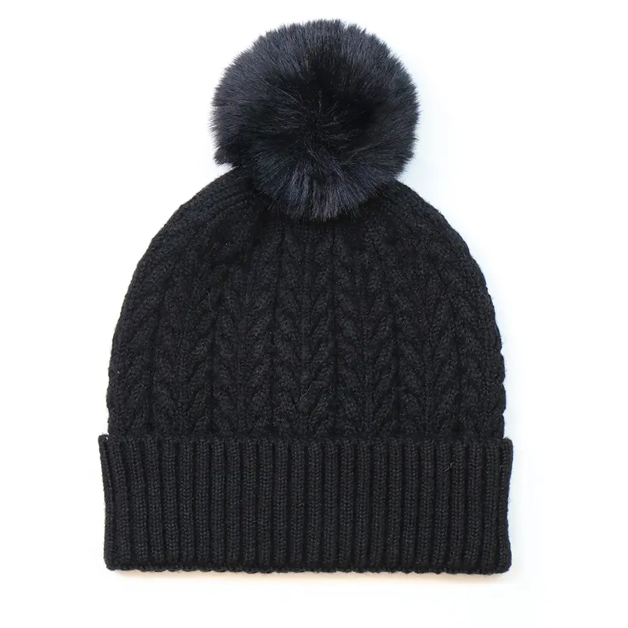 Black recycled herringbone bobble hat
