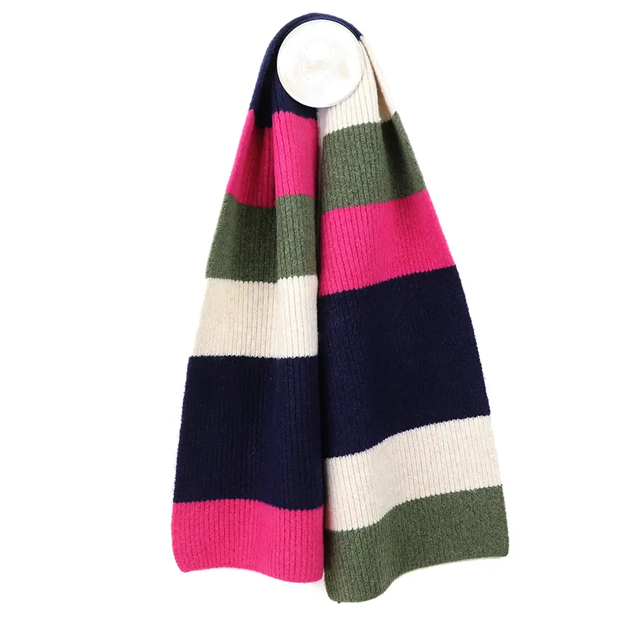 Pink, khaki, navy mix recycled blend stripe scarf