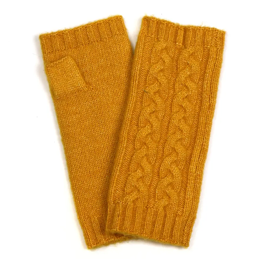 Mustard cable knit recycled wrist warmers