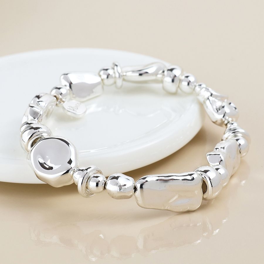 Silver plated mixed organic bead bracelet