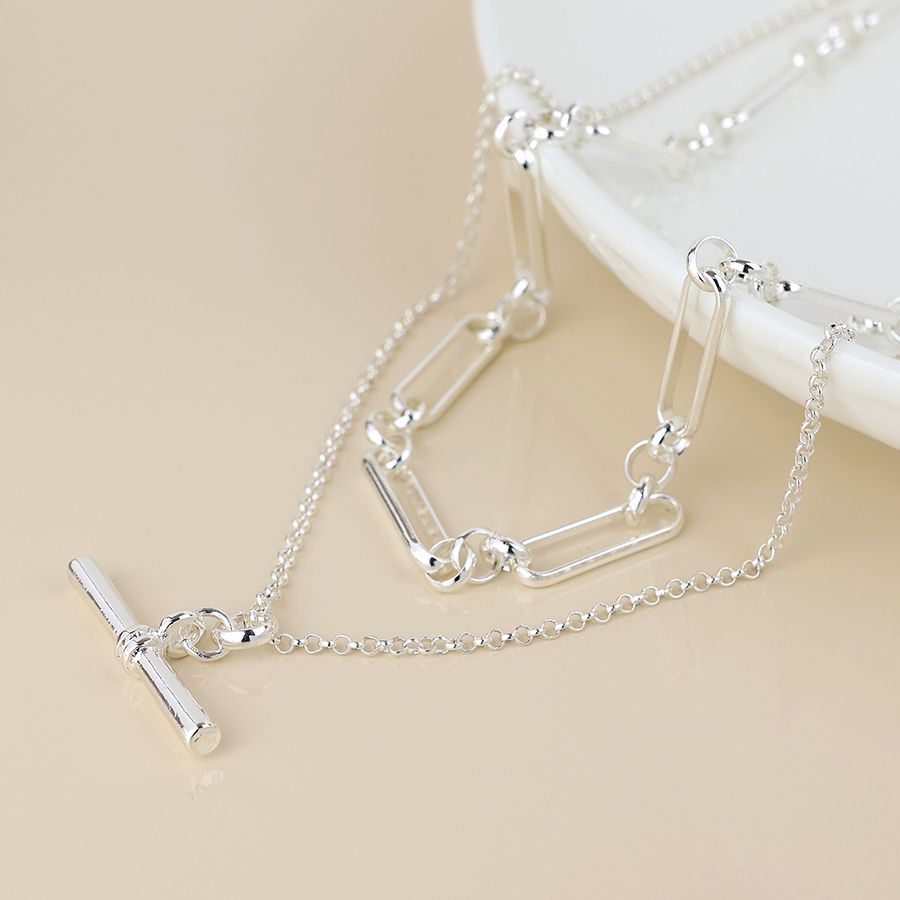 Silver plated layered chain and t-bar necklace