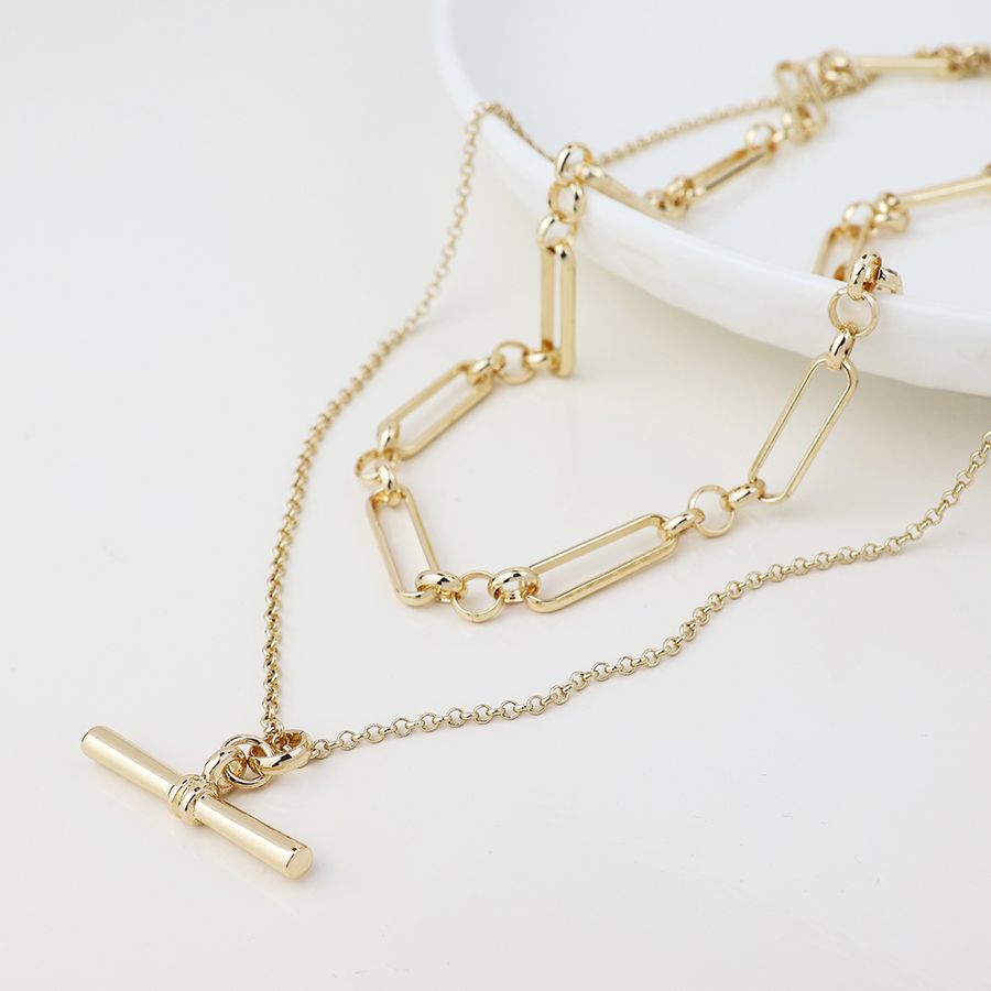 Golden layered chain and t-bar necklace