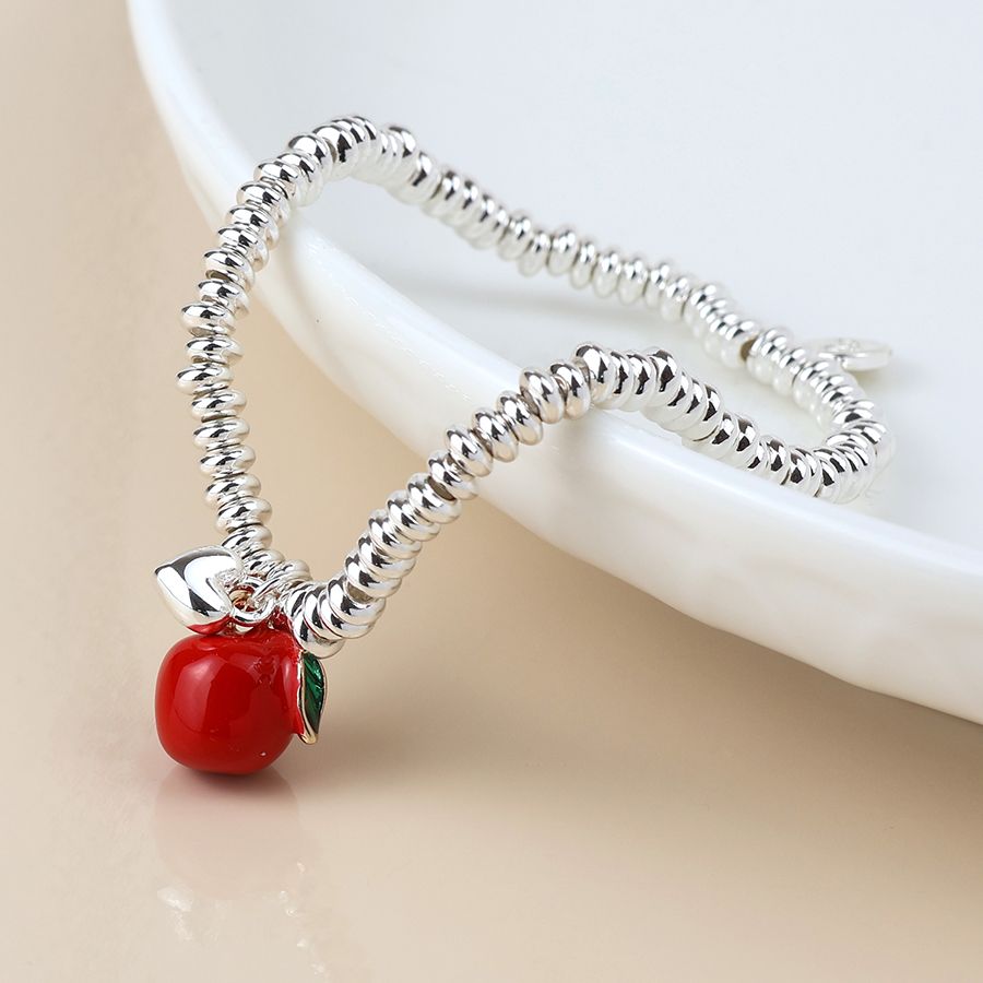 Silver plated bead, heart and red apple charm bracelet