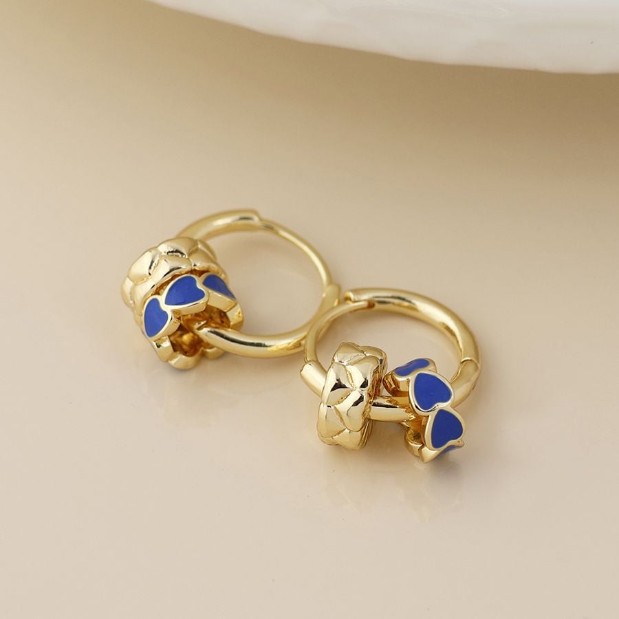 Golden and blue enamel heart ring hoop earrings