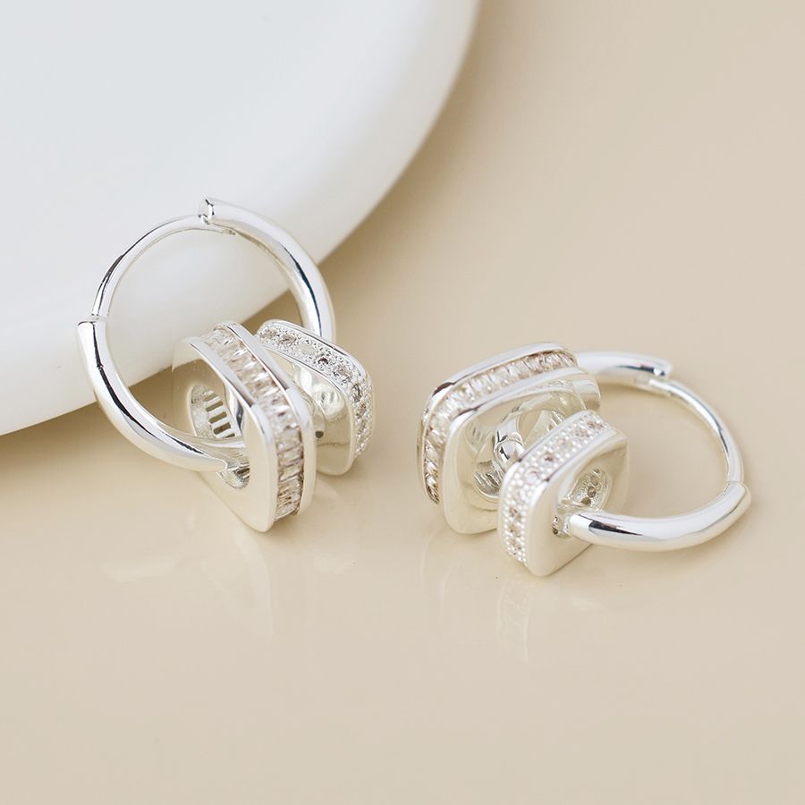 Silver plated hoop and square crystal ring hoop earrings