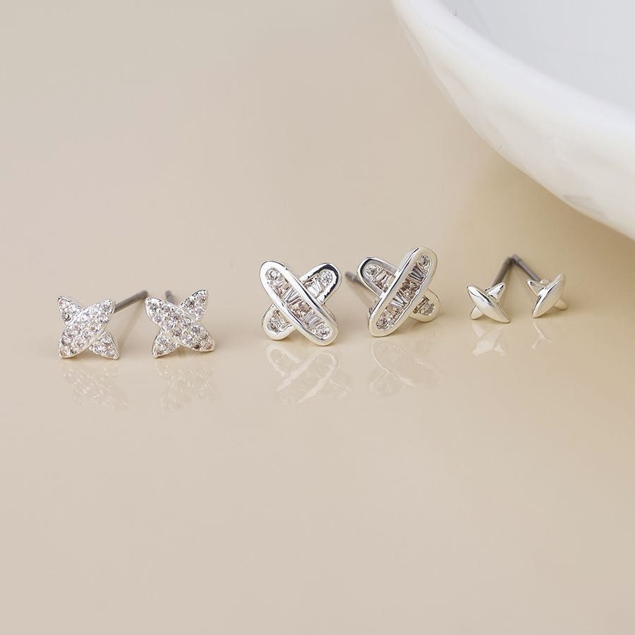 Silver plated triple crystal kisses stud earring set