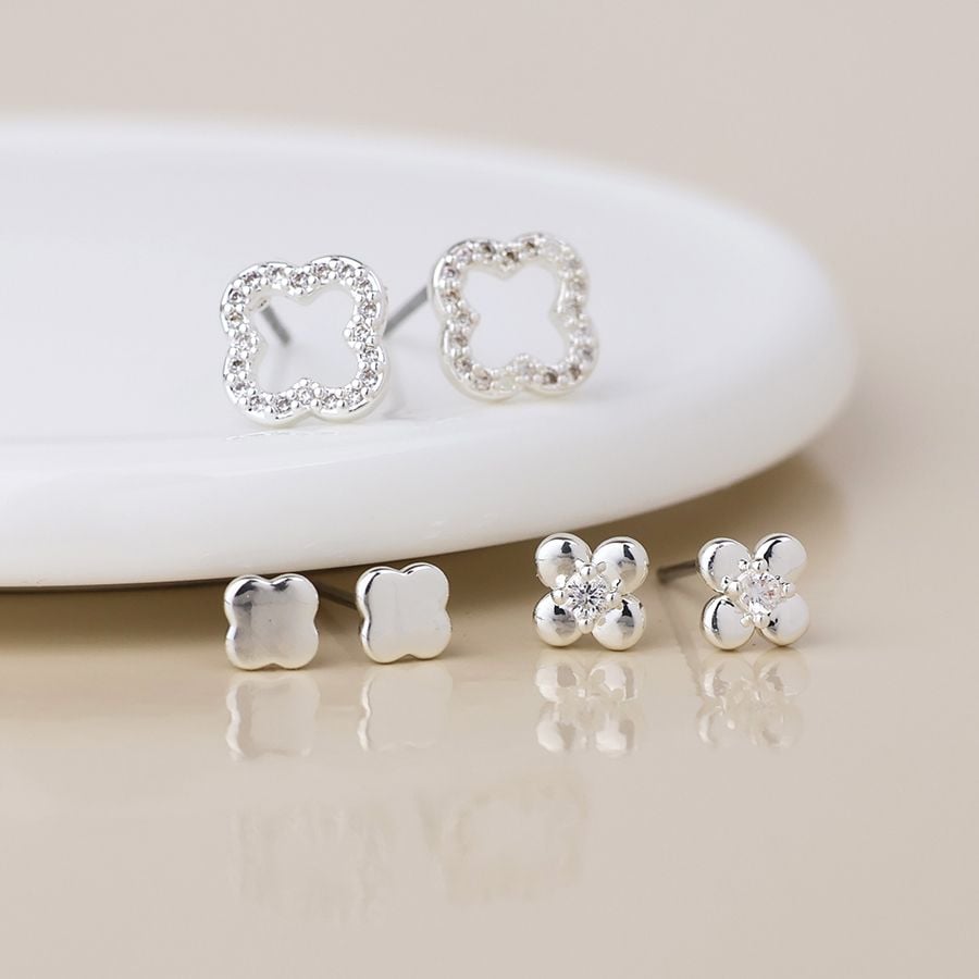Silver plated triple quatrefoil stud earring set