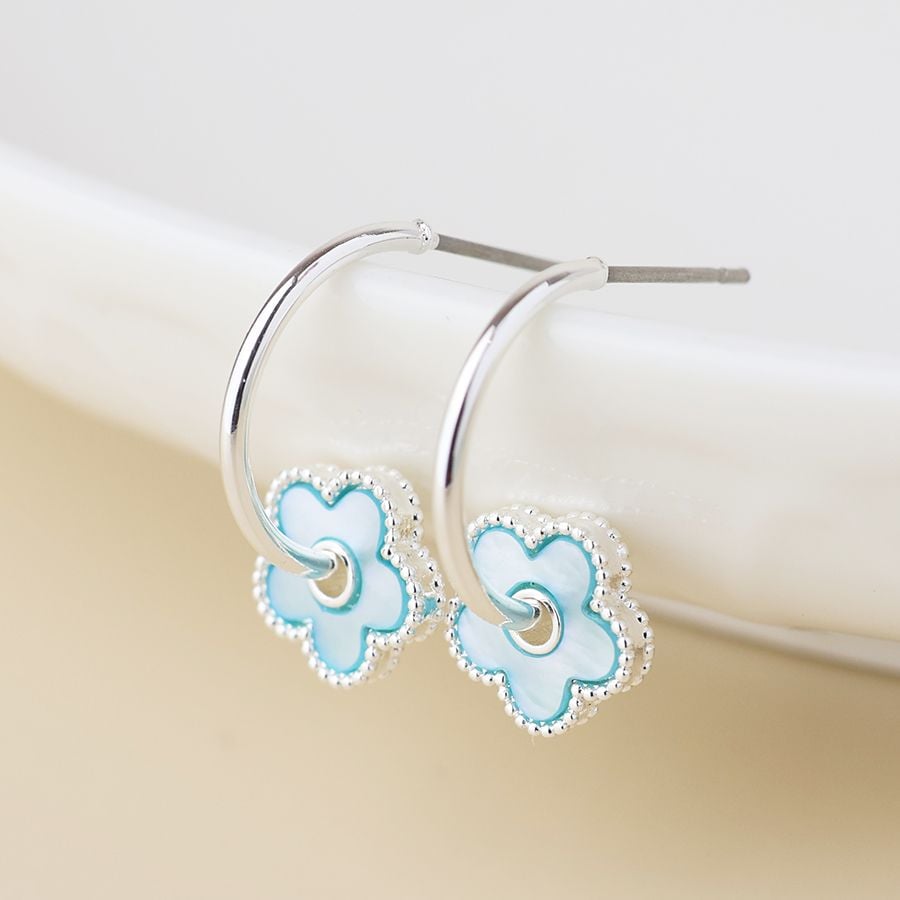 Silver plated blue pearl flower hoop earrings