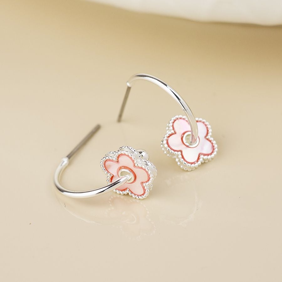 Silver plated pink pearl flower hoop earrings