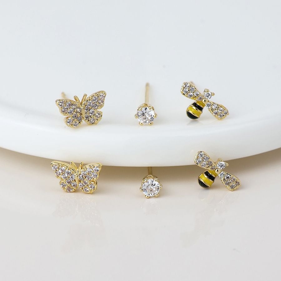 Golden butterfly, bee and crystal earring set