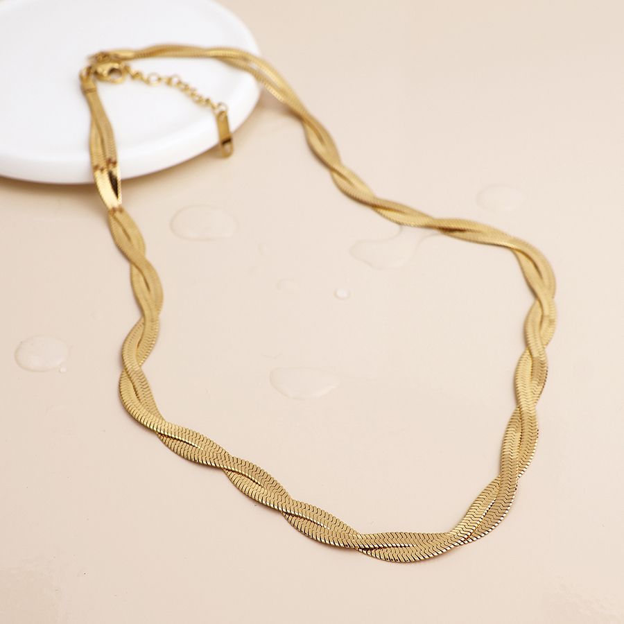 Waterproof gold plated plaited chain necklace