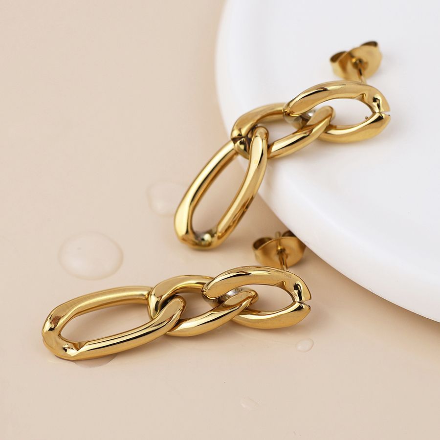 Waterproof gold plated irregular link earrings