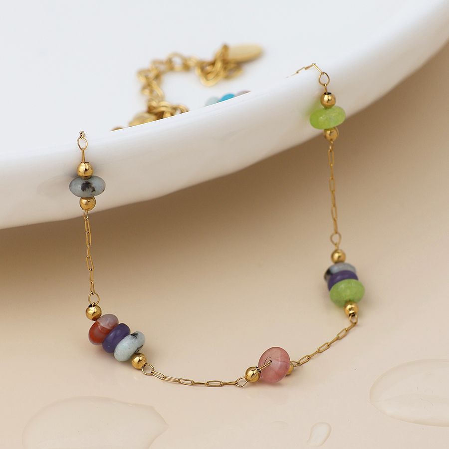 Waterproof gold plated coloured bead station bracelet