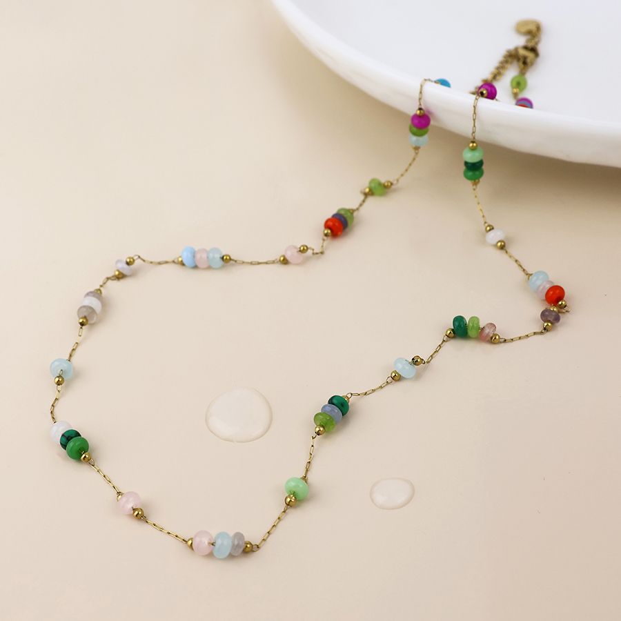 Waterproof gold plated coloured bead station necklace