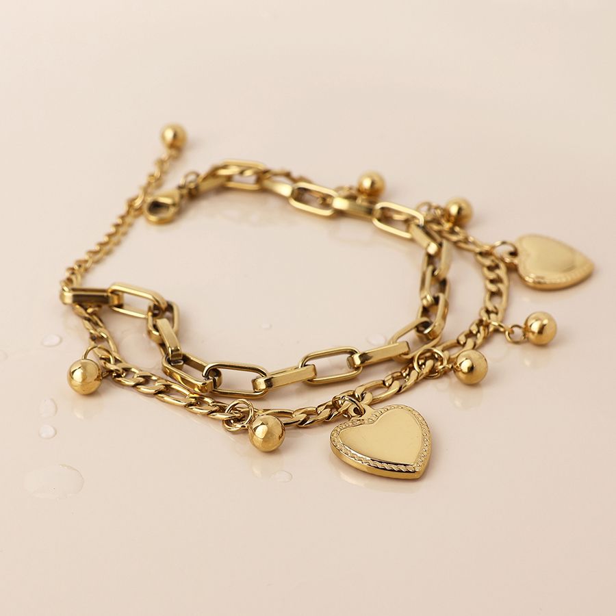 Waterproof gold plated layered heart charm bracelet