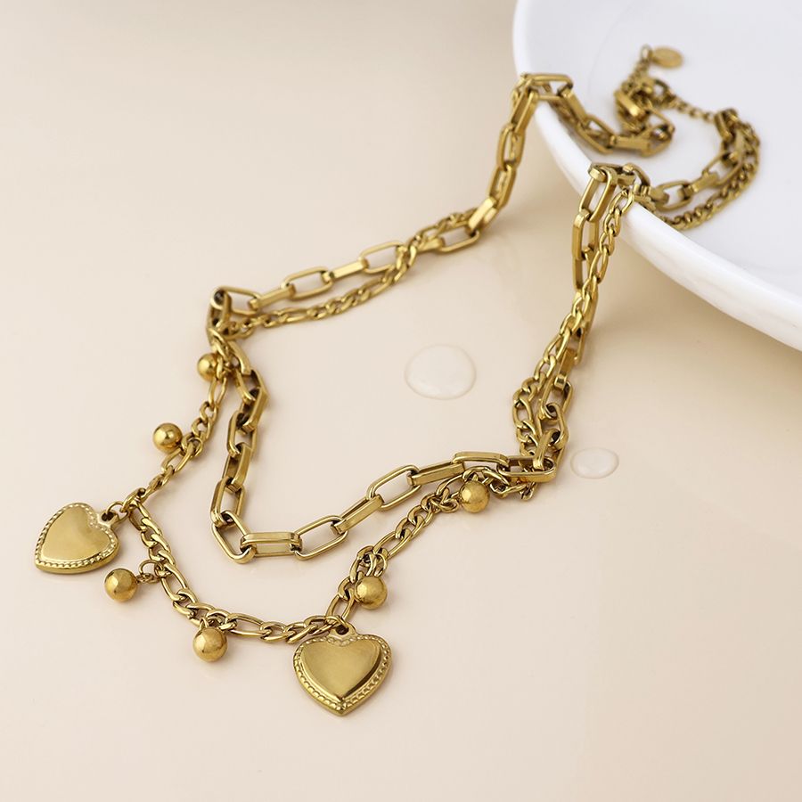 Waterproof gold plated layered heart charm necklace