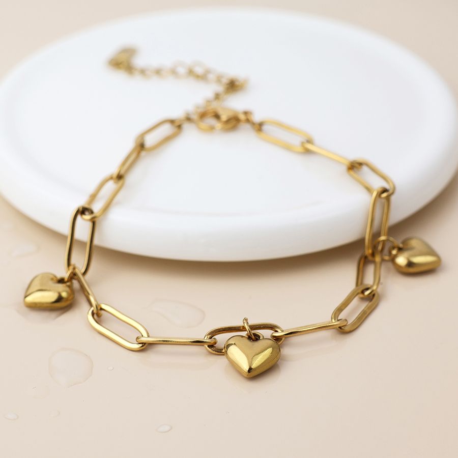 Waterproof gold plated paperlink chain heart charms bracelet