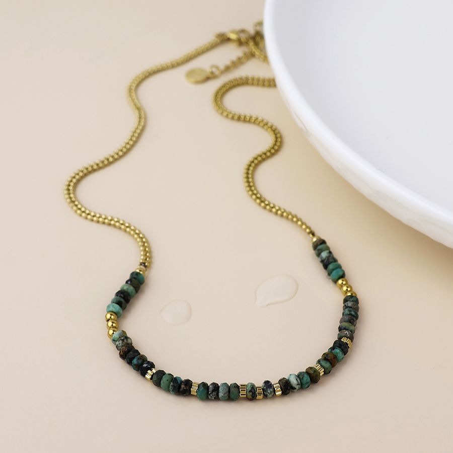 Waterproof gold plated bead chain and green stones necklace