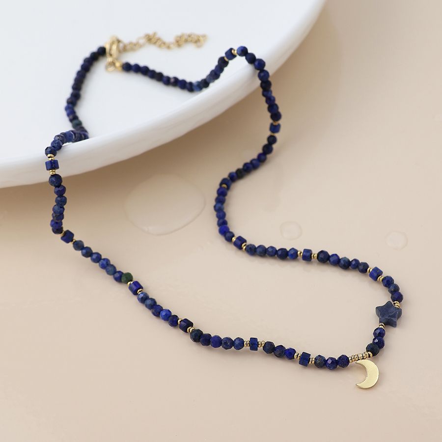Waterproof gold plated lapis and crescent moon necklace