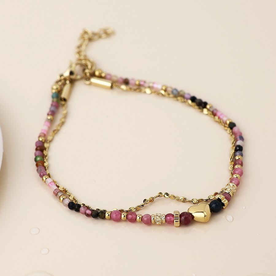 Waterproof gold plated heart and pink beads bracelet