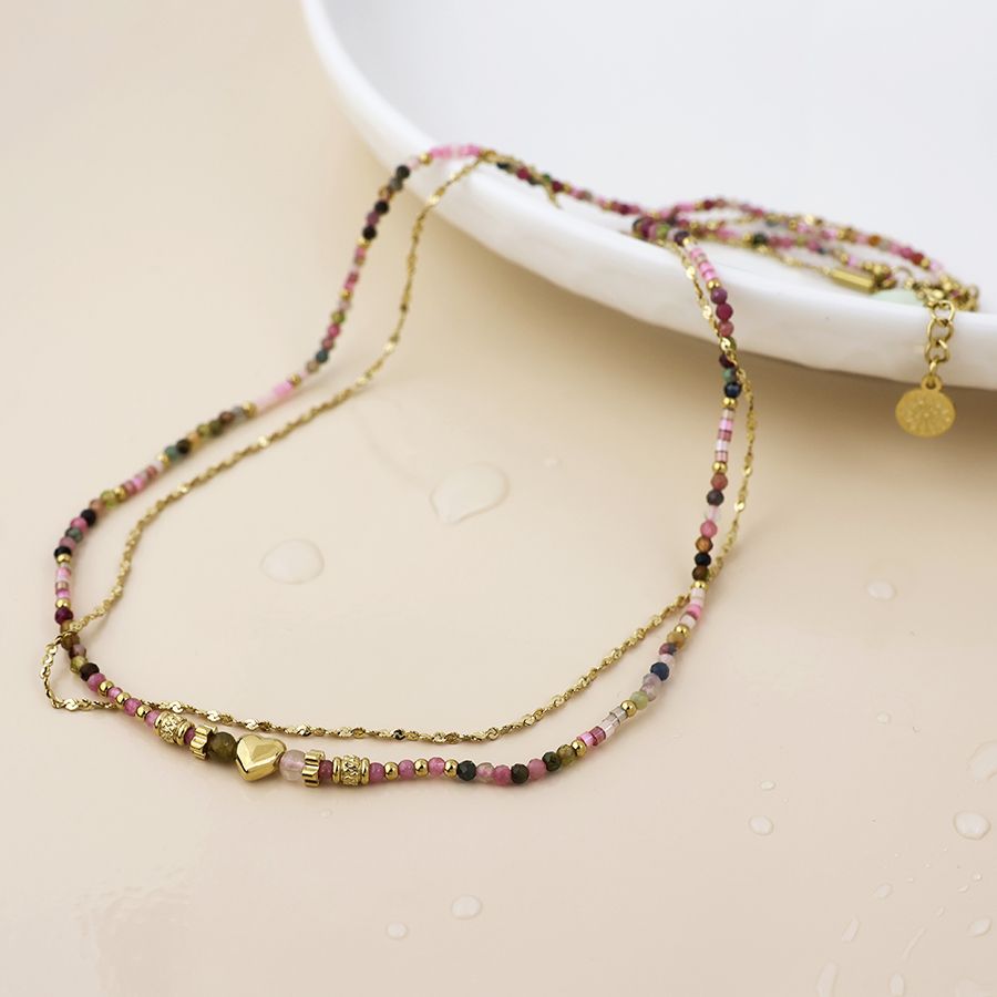 Waterproof gold plated heart and pink beads necklace