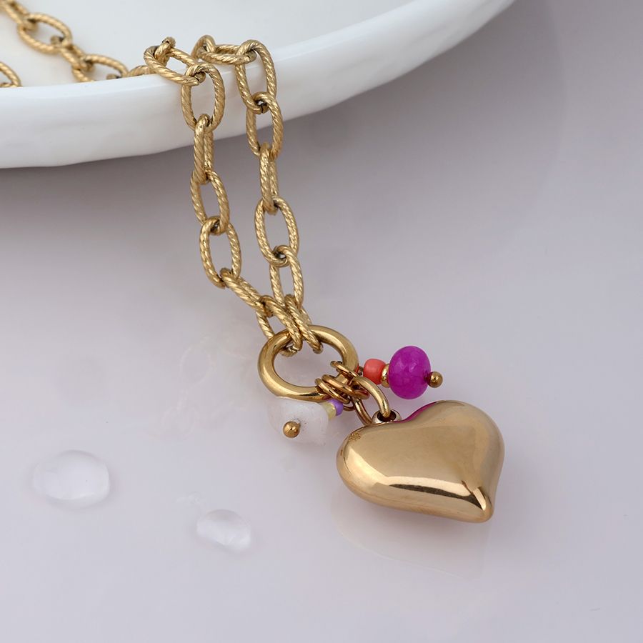 Waterproof gold plated necklace with heart and beads