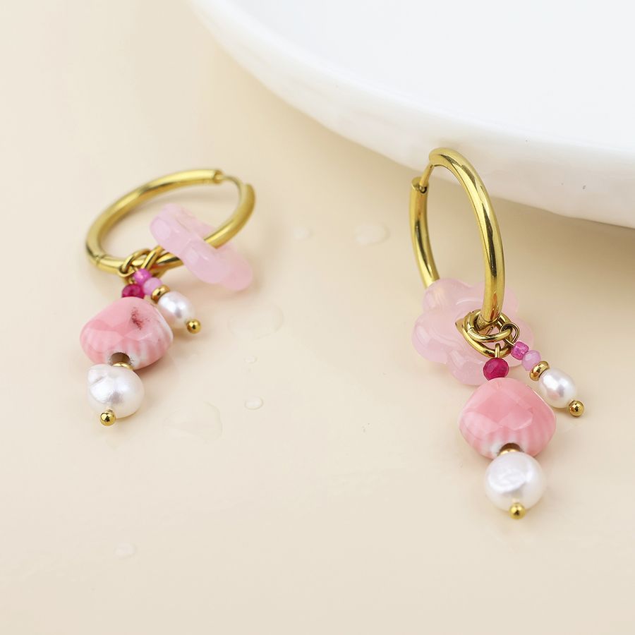 Waterproof gold plated hoop and pink cluster earrings