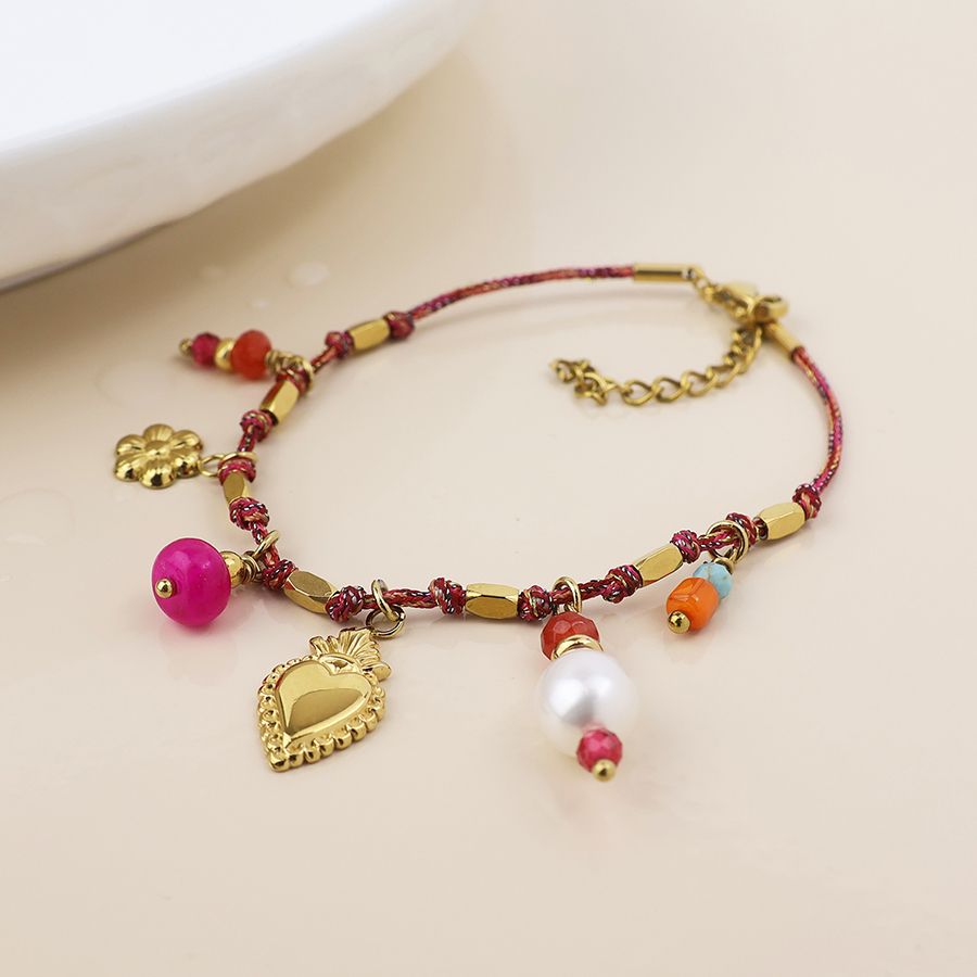 Waterproof gold plated red mix bracelet with heart and flower
